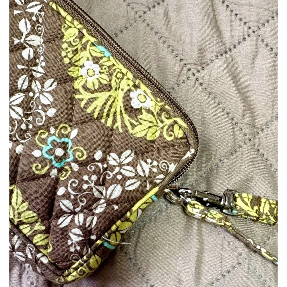 Vera Bradley Night and Day Quilted Cotton Wristlet Brown Green Floral Bird